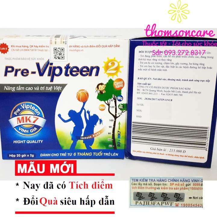 Pre Vipteen 2 bổ sung canxi cho trẻ, tăng sức đề kháng cho bé - Hộp 20 gói - có tem tích điểm Previpteen
