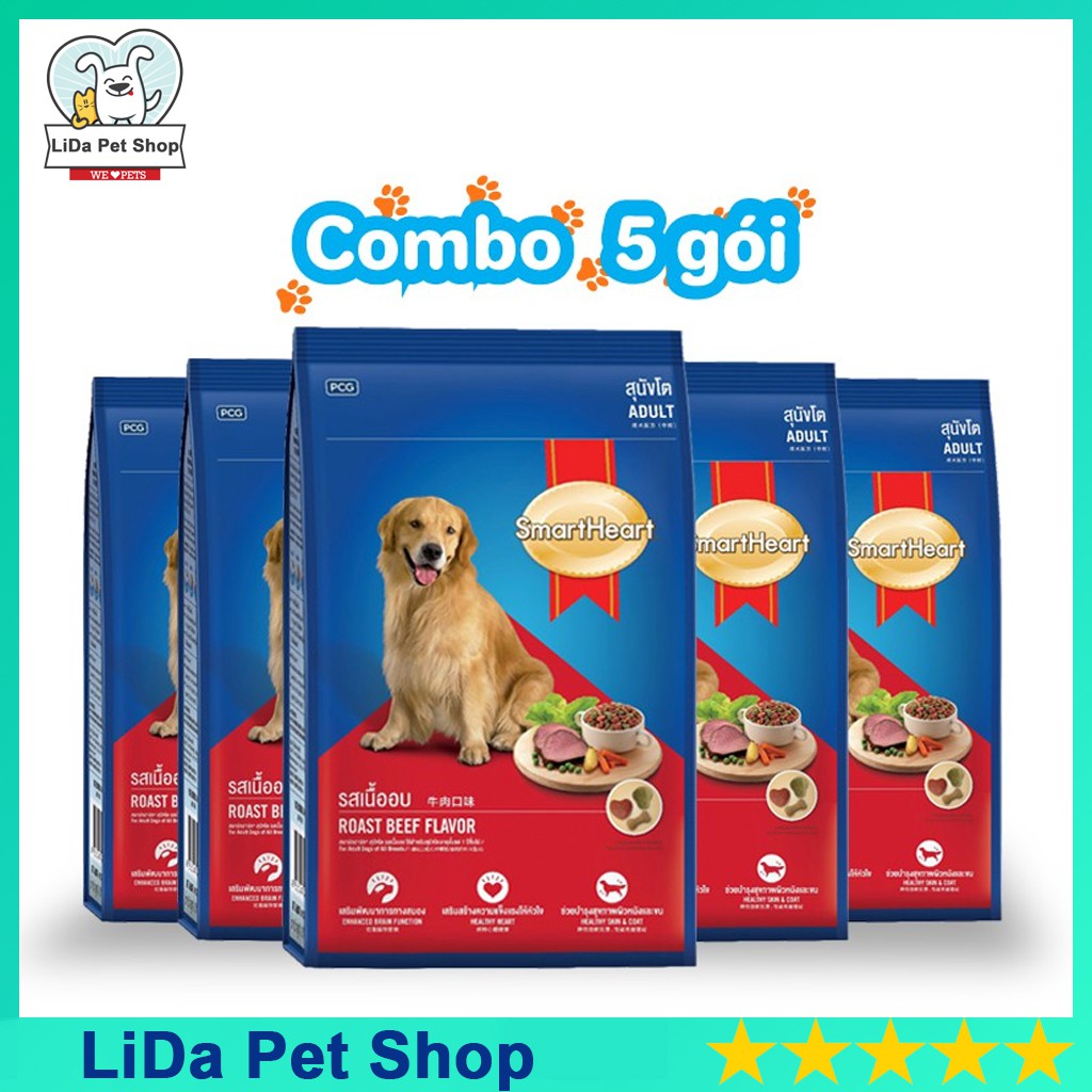 Combo 5 túi hạt 400g Smartheart cho chó trưởng thành vị bò - Lida Pet Shop