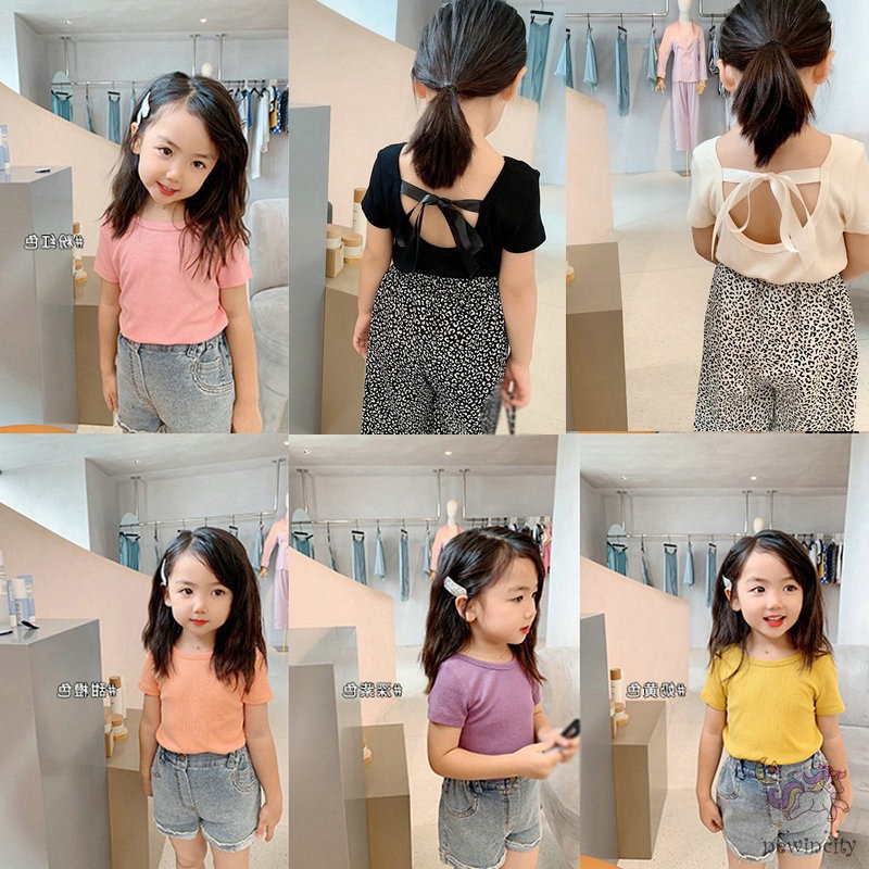 Áo Thun Cotton Tay Ngắn Hở Lưng Thắt Nơ Dễ Thương Phong Cách Hàn Quốc Thời Trang Mùa Hè Cho Bé Gái