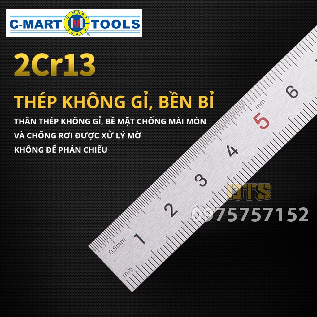 Thước lá thép, thước kẻ không gỉ chính hãng C-Mart, thước thép thẳng siêu bền độ cứng cao, số rõ nét, độ chính xác cao