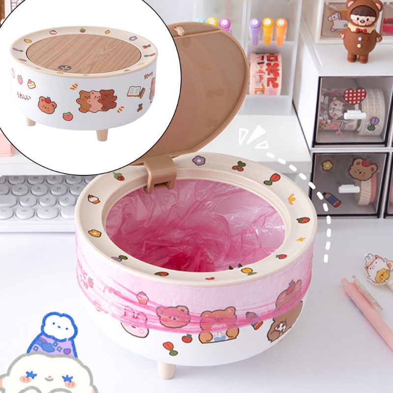 THÙNG RÁC MINI ĐỂ BÀN CÓ NẮP ĐẬY NHẤN NÚT TỰ BẬT KÈM STICKER SIÊU CUTE