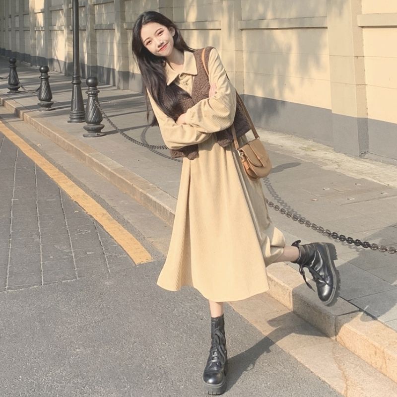 Đầm Dài Dáng Chữ A Phong Cách Hàn Quốc Thời Trang Thu Đông Mới Cho Nữ