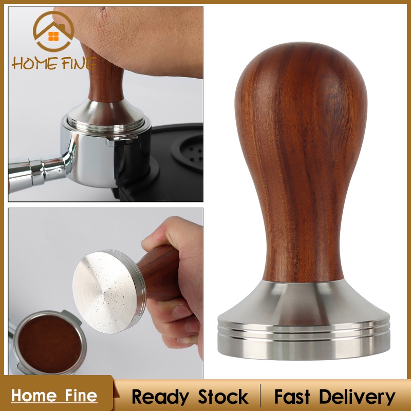 【Home Fine】Stainless Steel Coffee Tamper Barista Espresso Coffee Bean Press Tool w/Wooden Handle Flat Base