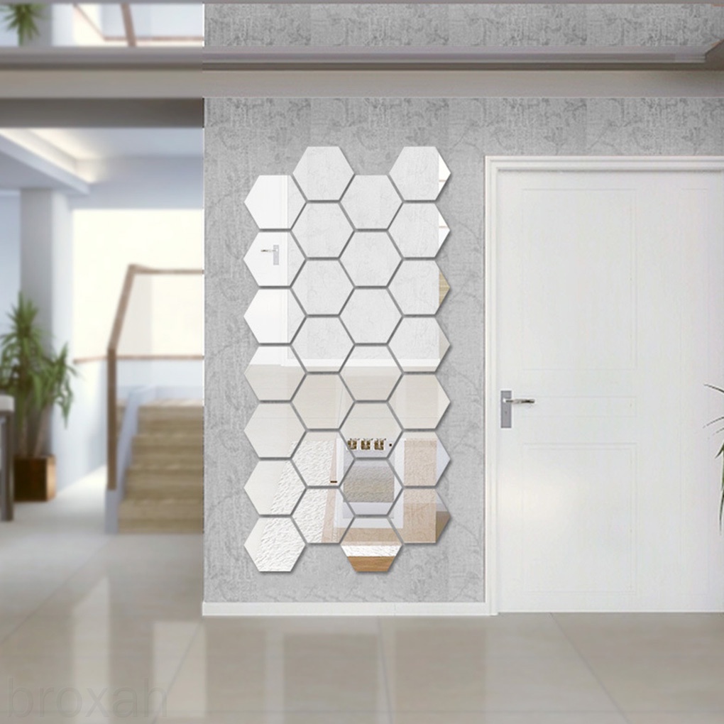 Set 12 miếng dán tường tráng gương hình lục giác bằng acrylic trang trí nhà cửa diy