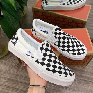Giày lười van caro thể thao slip on kẻ sọc, giày mọi vải canvas nam nữ full box