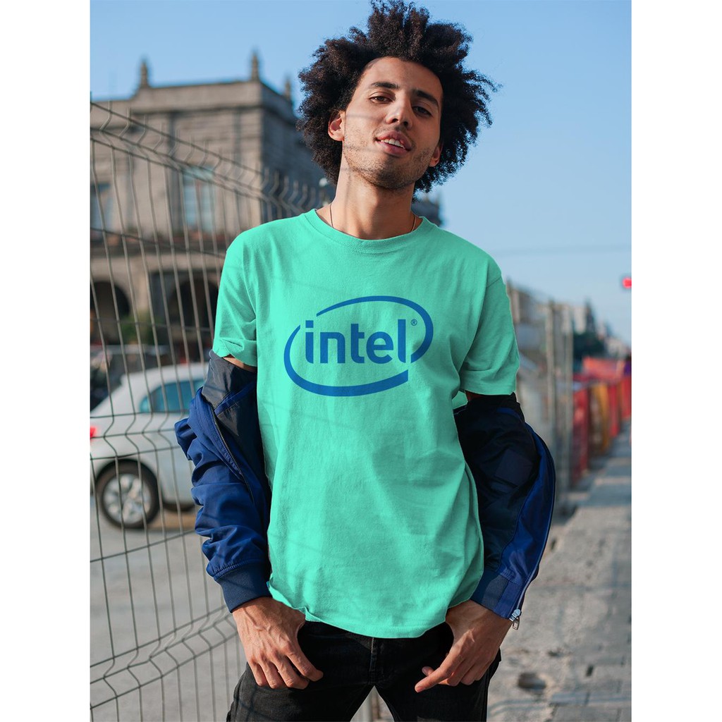 Áo thun in hình tập đoàn Intel màu xanh
