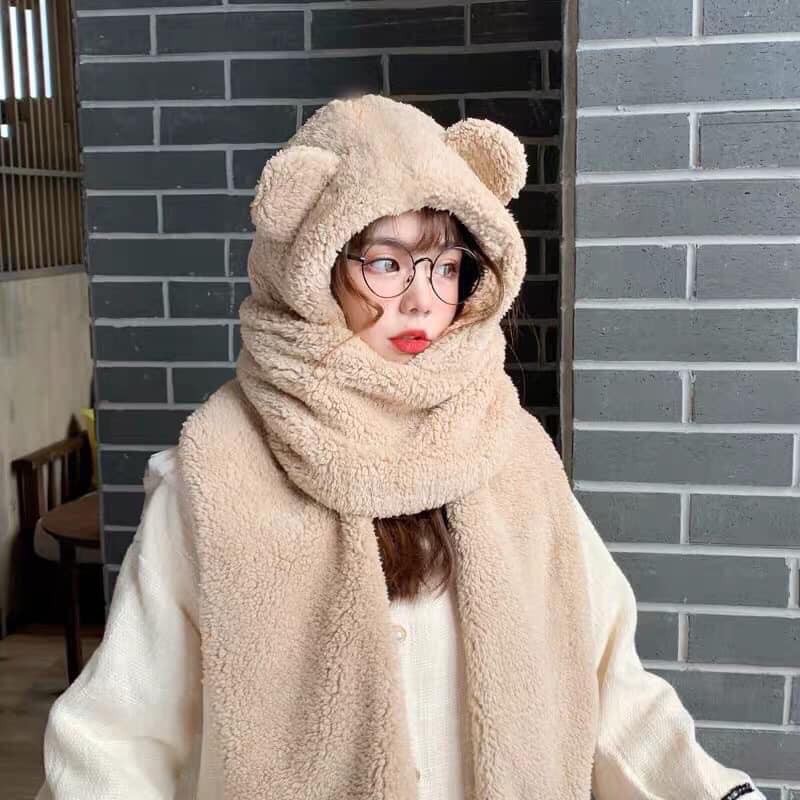 MŨ LÔNG TAI GẤU KIÊM KHĂN QUÀNG CÓ BAO TAY SIÊU YÊU CHO NỮ