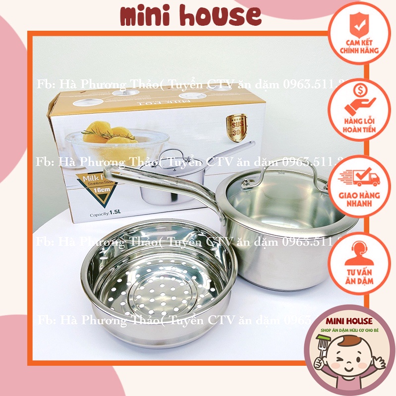 Bộ nồi Inox kèm xửng hấp Milk Pot 16cm nấu cháo, đồ ăn dặm cho bé | Nồi kiêm hấp đồ ăn dặm cho bé