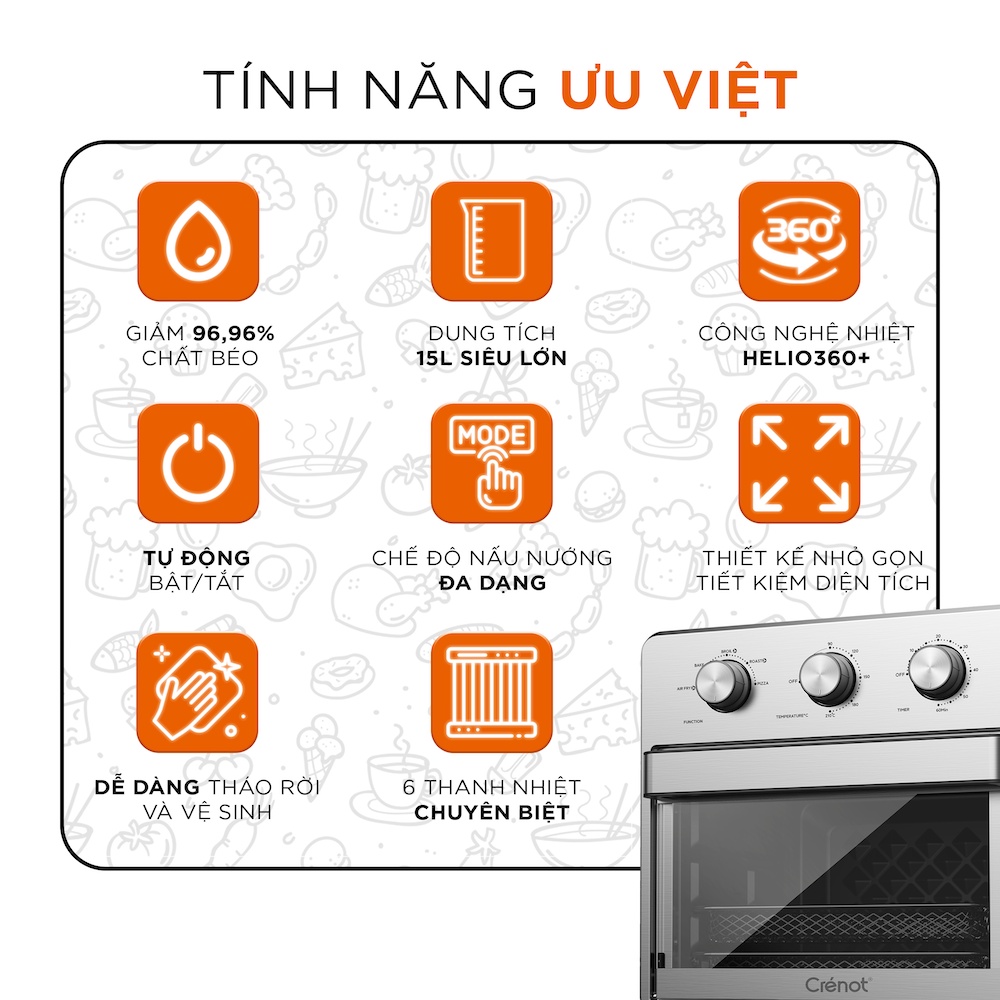 Nồi chiên không dầu chính hãng 15 Lít CRENOT Foodie F15 cỡ lớn nóng 2 chiều lò chiên 15L bếp nướng to 8L 10L 12L 18L 23L
