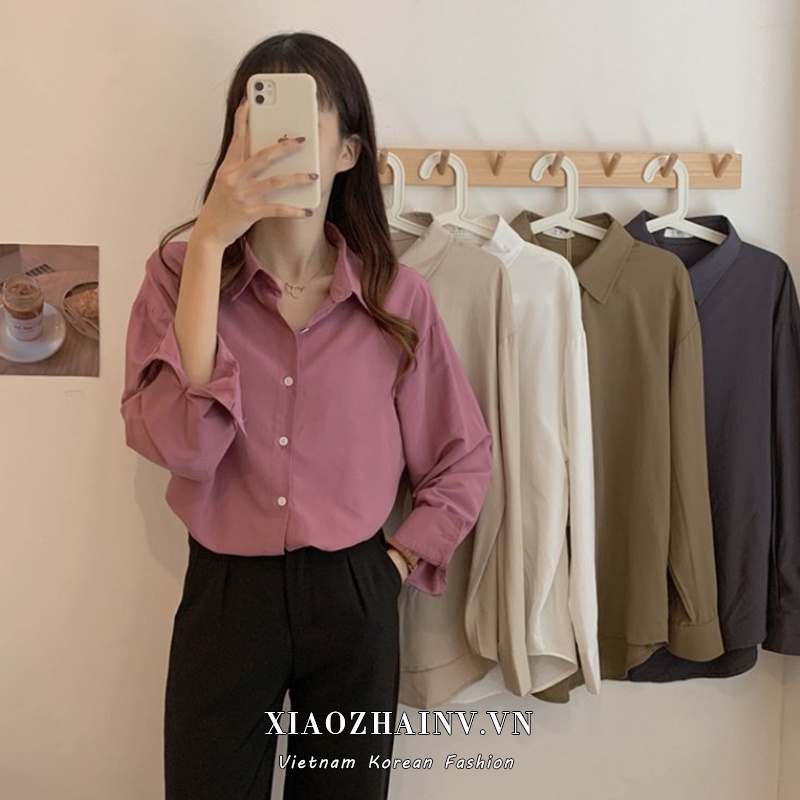 Áo sơ mi Xiaozhainv dáng rộng dài tay màu trơn dễ phối đồ phong cách Hàn Quốc dành cho nữ