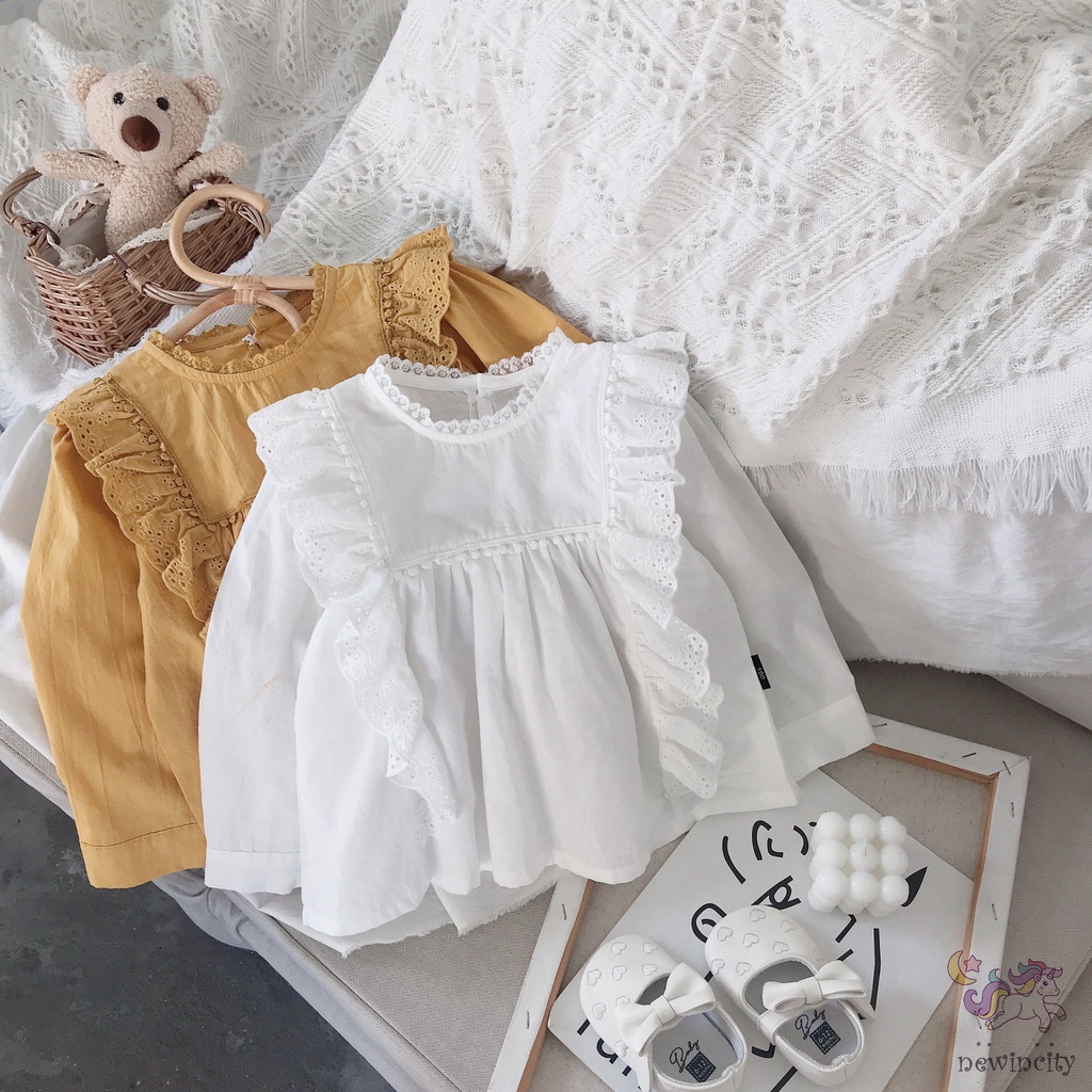 Áo kiểu tay dài phối ren phong cách Hàn Quốc xinh xắn dễ phối đồ cho bé gái