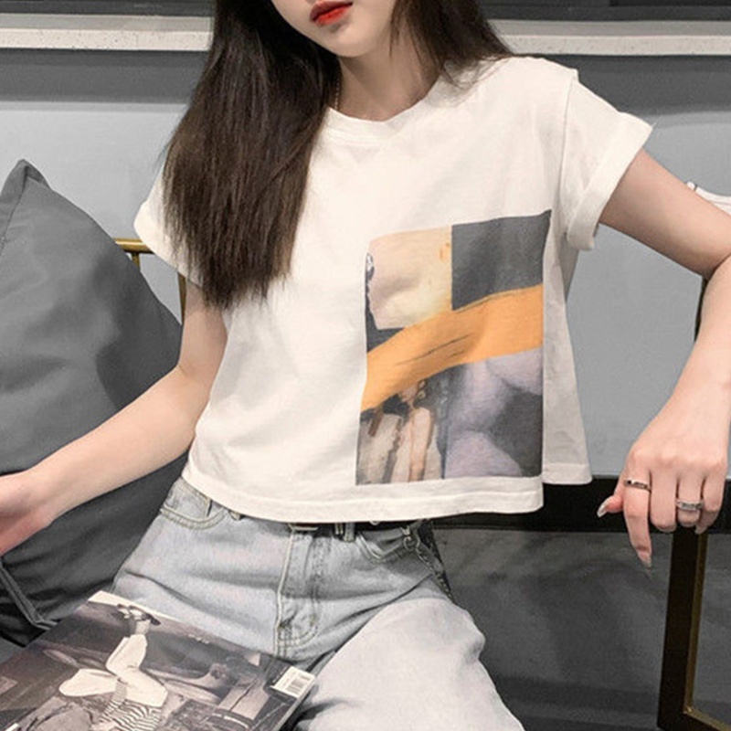 áo croptop Thun Nữ Ngắn Tay In Hình Khuôn Mặt Sáng Tạo