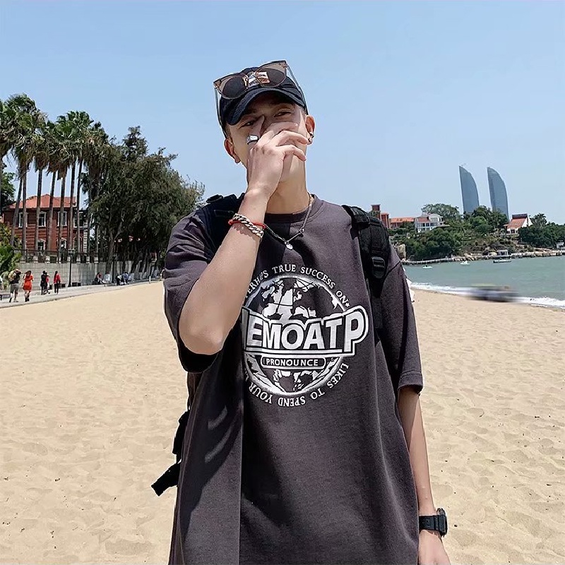 Áo thun tay ngắn dáng rộng in chữ phong cách Hàn Quốc thời trang cho nam size M-5XL