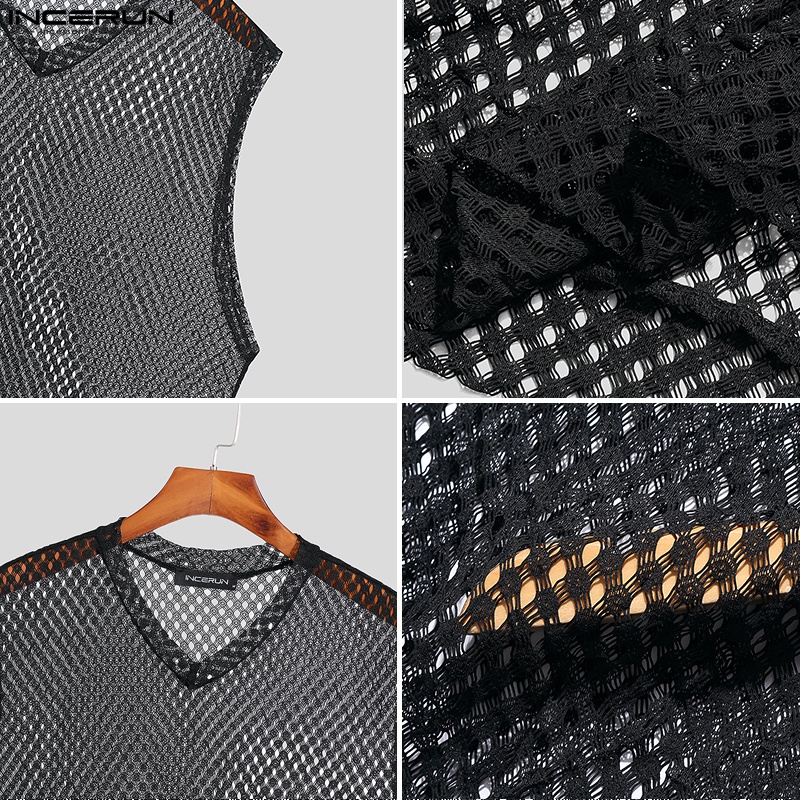 Áo thun ba lỗ INCERUN cổ chữ V màu đen phối lỗ thời trang dành cho nam