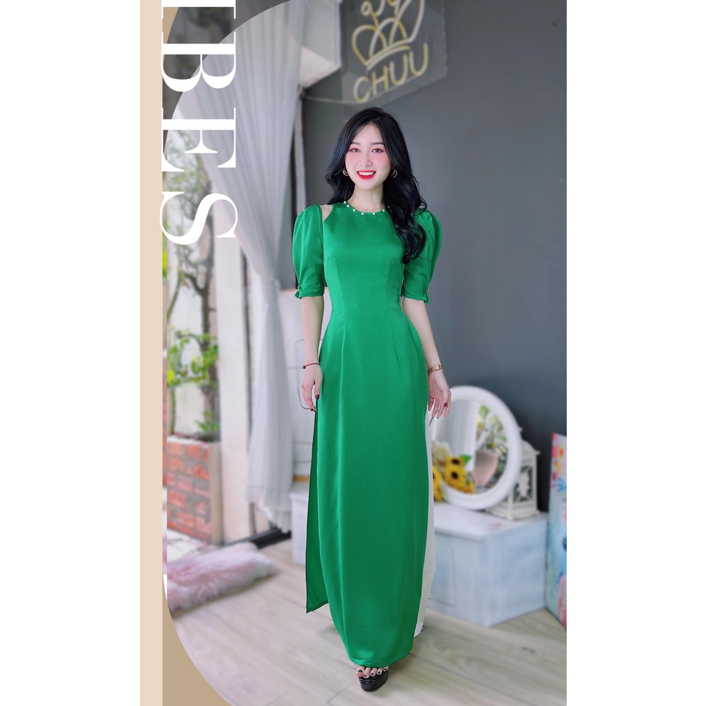 Áo dài cách tân nữ pha lưới tay bồng cổ đính ngọc sang trọng CHUU AD8033 không kèm quần