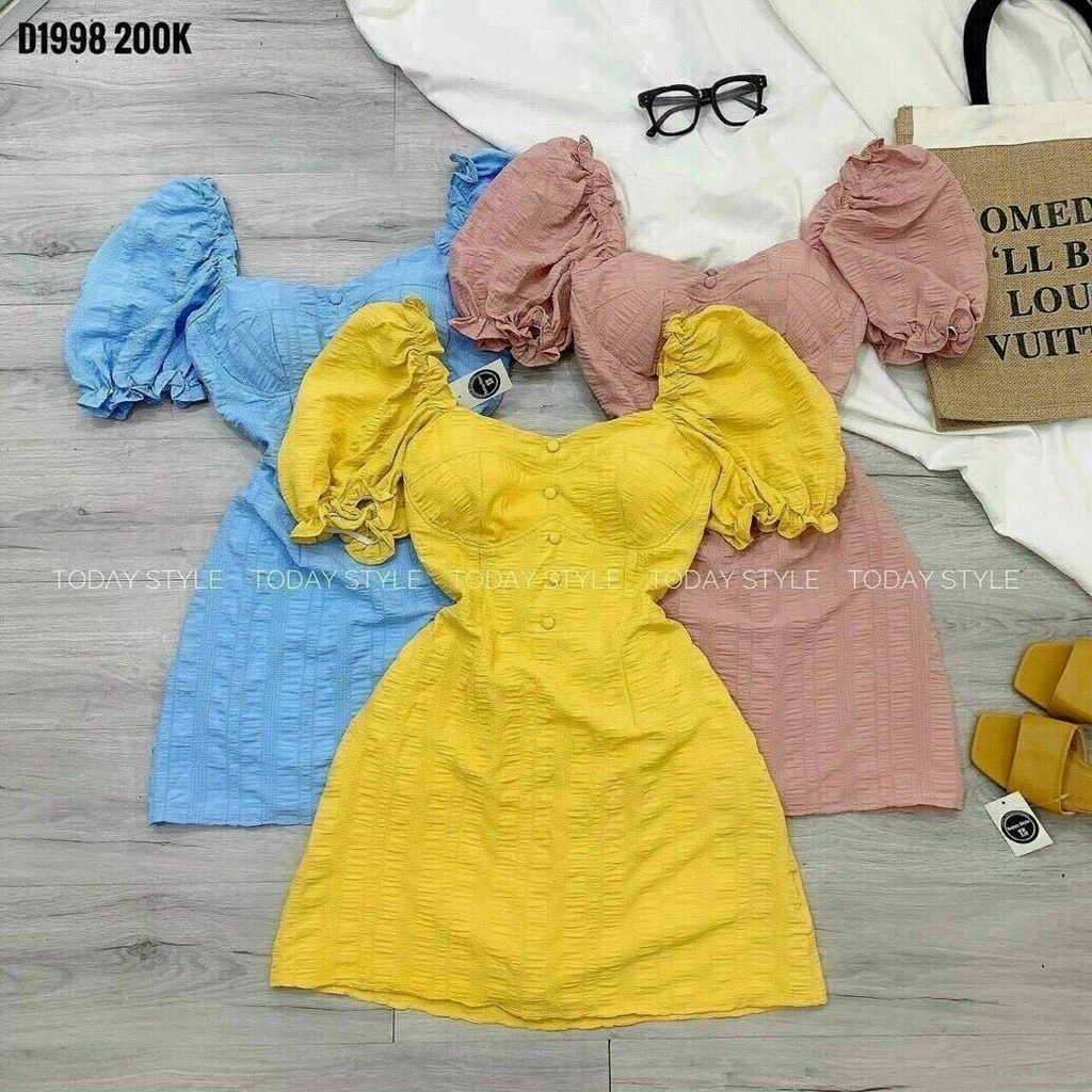 Đầm tay phồng đính nút trẻ trung cá tính  quá đẹp fashionzero - 80059