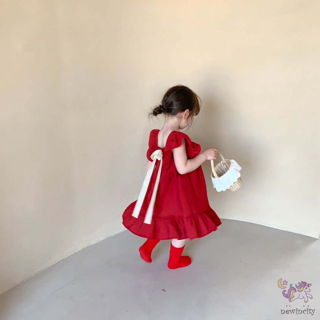 Đầm Công Chúa Tay Bèo Cổ Vuông Thắt Nơ Lưng Phong Cách Hàn Quốc Cho Bé Gái