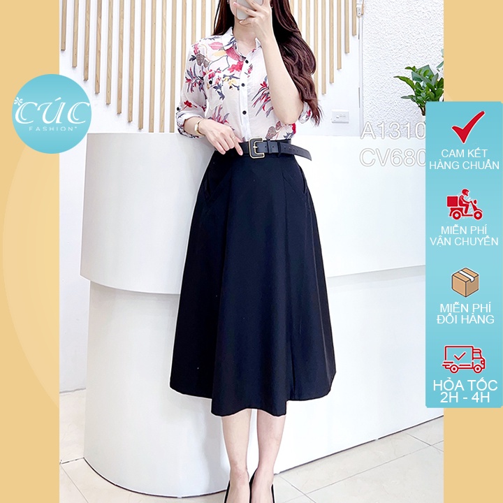 Chân váy CÚC FASHION cạp cao dáng dài cao cấp công sở Quảng Châu đầm xòe kèm đai phối rời CV680
