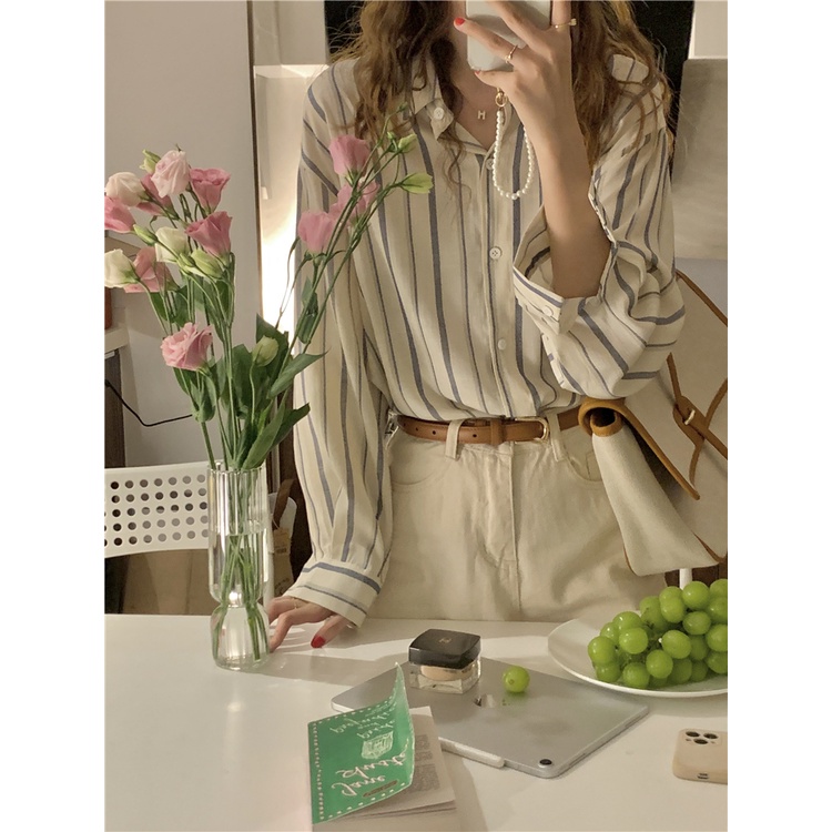 Áo sơ mi nữ Thiết kế Dài tay Kẻ sọc dọc Form rộng Hàn Quốc Sơ mi nữ Tay dài Ulzzang Thời trang