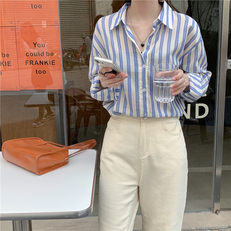 Áo Sơ Mi Tay Dài Họa Tiết Kẻ Sọc Phong Cách Retro Thời Trang