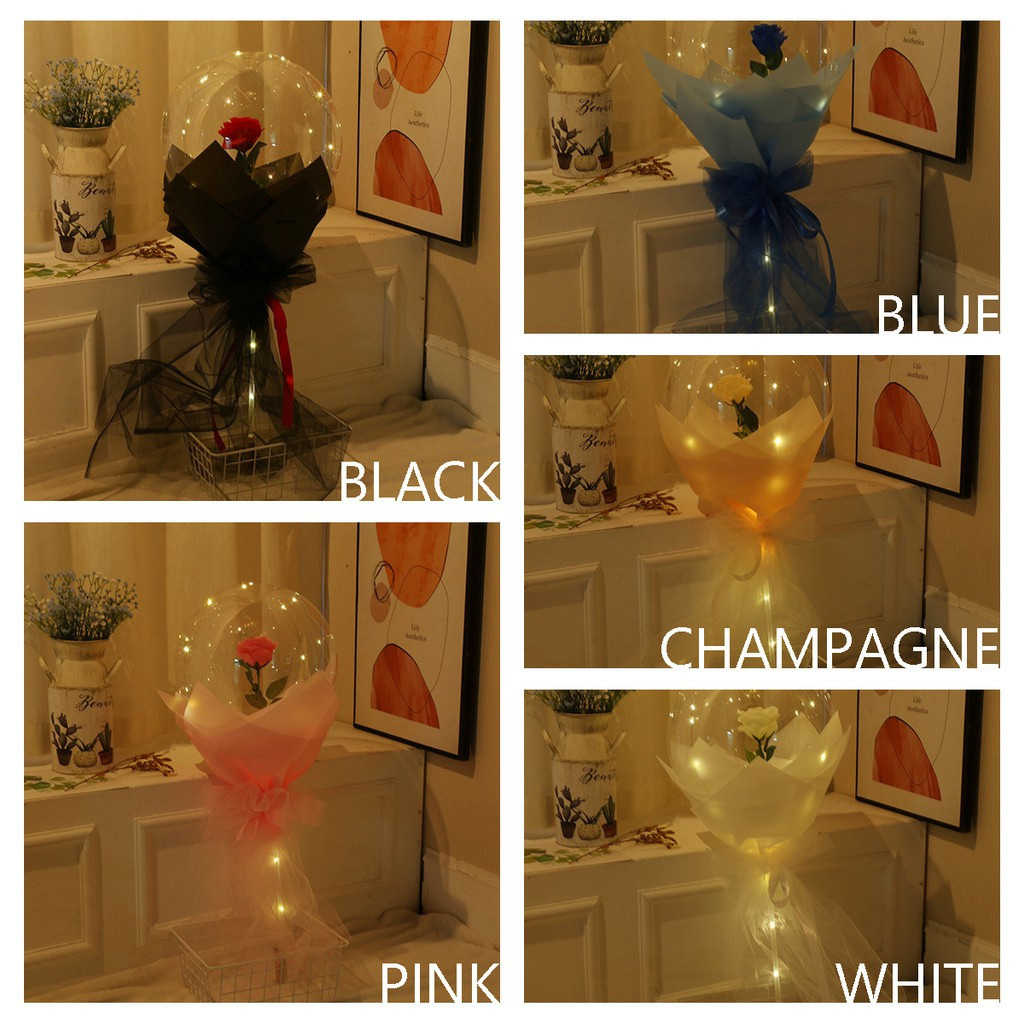 INSTORE Christmas Artificial Flower Mother's Day Luminous Balloon Bobo Balloons Party Decoration Rose Bouquet Transparent Happy Birthday DIY Glowing LED String/Multicolor