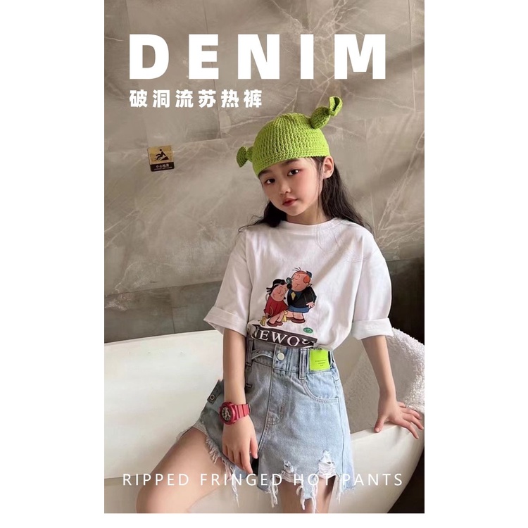 [Hàng Mới Về] Quần Short Denim Dáng Rộng Rách Tua Rua Phong Cách Hàn Quốc Cho Bé Gái