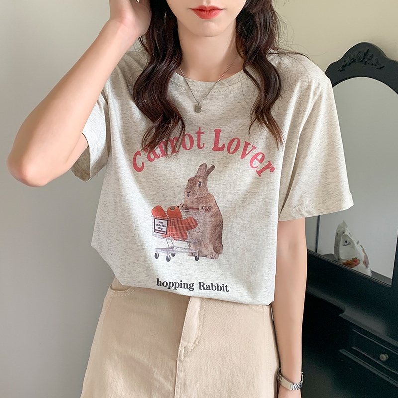 Áo Thun Cotton Xám Nguyên Chất Ngắn Tay In Hoạt Hình Thời Trang Mùa Hè Năng Động 51476