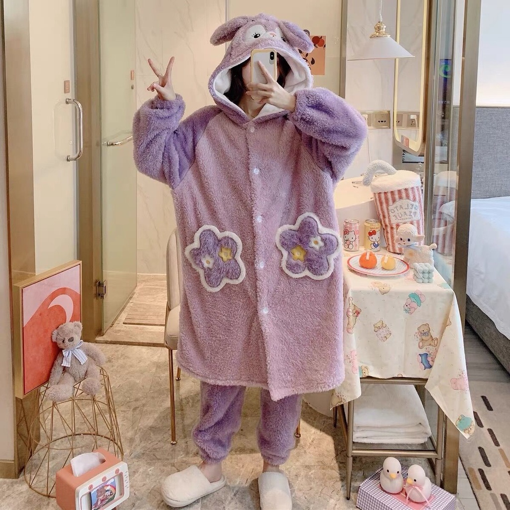 ❤️❤️ Bộ Đồ Ngủ Tay Dài Chất Nỉ Dày Dặn Họa Tiết Ngôi Sao Dễ Thương Thời Trang Thu Đông Cho Nữ
