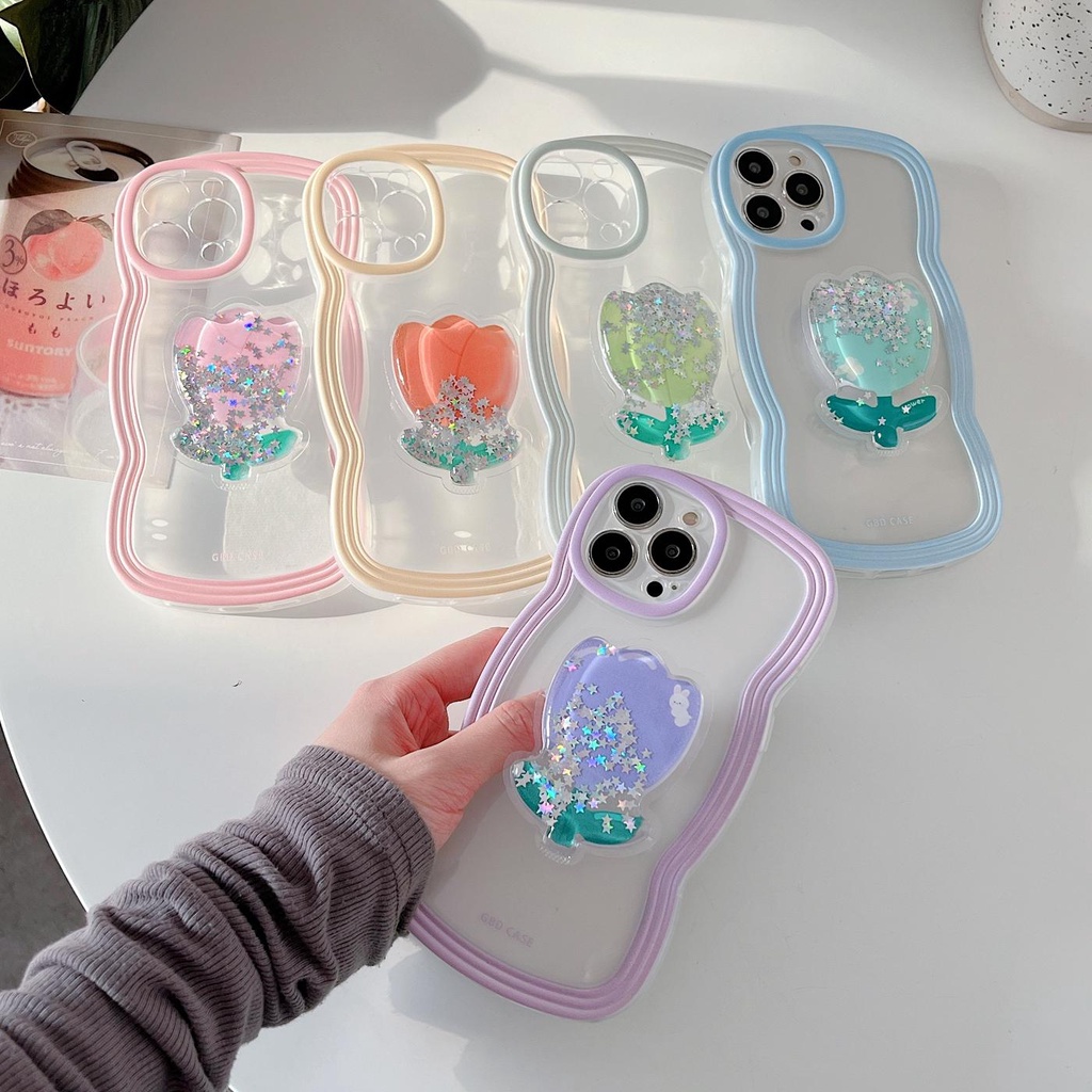 Ốp Điện Thoại Tpu Mềm Trong Suốt Chống Rơi Họa Tiết Hoa Tulip Gắn Giá Đỡ Cho iPhone 11 12 13 pro max xr x xsmax