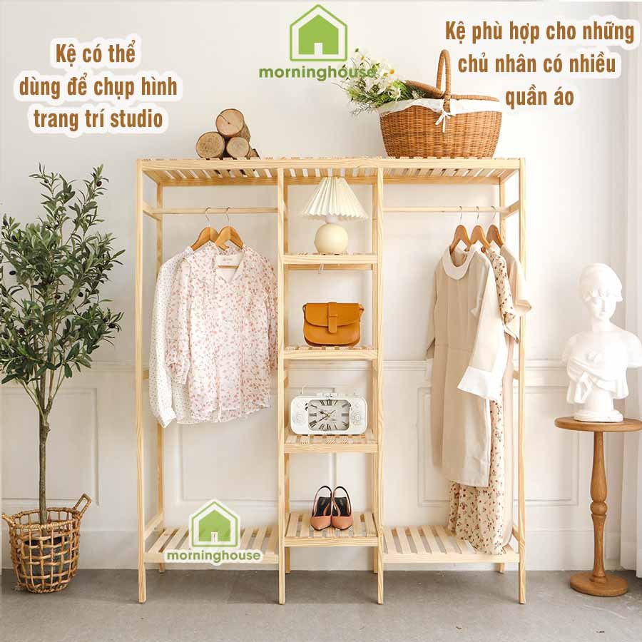 [Mã LIFE50KALL giảm 10% đơn 200K] Tủ Treo Quần Áo Gỗ Morning House 135x150 cm. Tủ Quần Áo Gỗ Lắp Ráp Triple Hanger