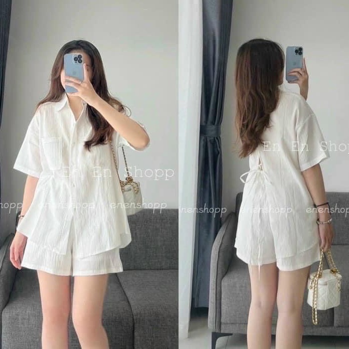 Set áo sơ mi cộc xẻ lưng buộc dây mix quần short cạp chun vải đũi form rộng hàng đẹp Shynstores