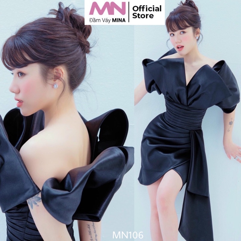Đầm ôm body màu đen vải phi mờ dáng ngắn dự tiệc dạ hội sang trọng thiết kế đắp vai nơ rớt tà cao cấp MN106 MINA