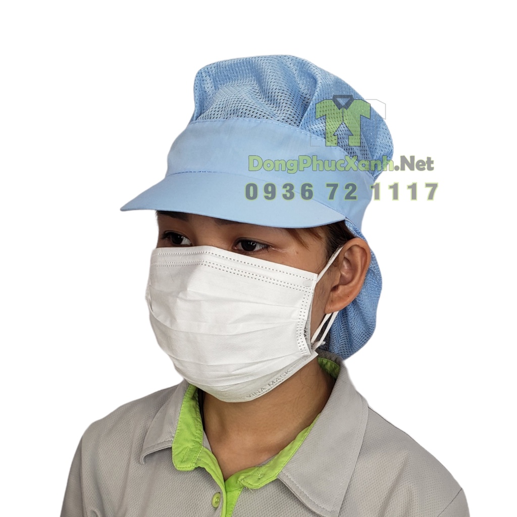 Nón vải lưới trùm tóc Mũ bảo hộ công nhân thực phẩm thủy sản màu trắng - xanh