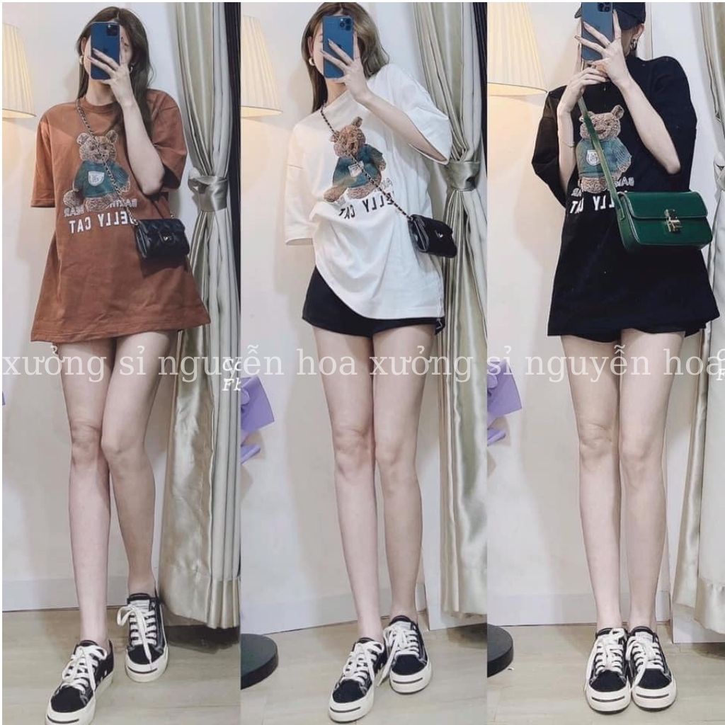 Áo thun unisex tay lỡ in hình gấu form dáng rộng nam nữ mặc đều được 3 màu trắng đen nâu Xưởng Sỉ Nguyễn Hoa