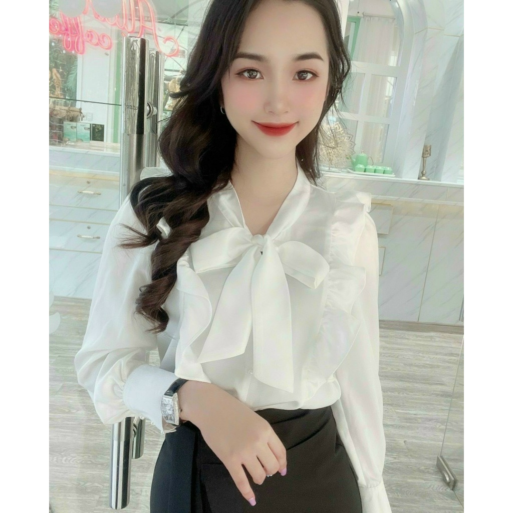 Áo sơ mi nữ lụa trơn dài tay cao cấp công sở thiết kế nơ cổ bèo vai tay bồng thanh lịch, áo sơ mi thiết kế MQ Boutique