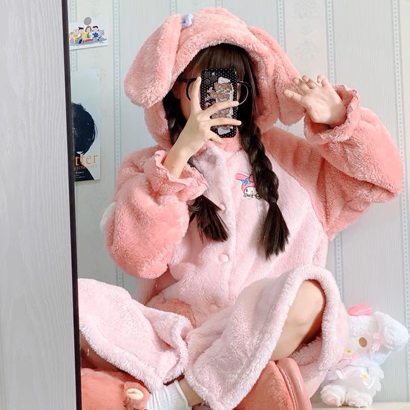 Váy ngủ bông thỏ hồng túi tim baby mũ nơ xinh xắn phù hợp cho các bạn thích phong cách hàn quốc