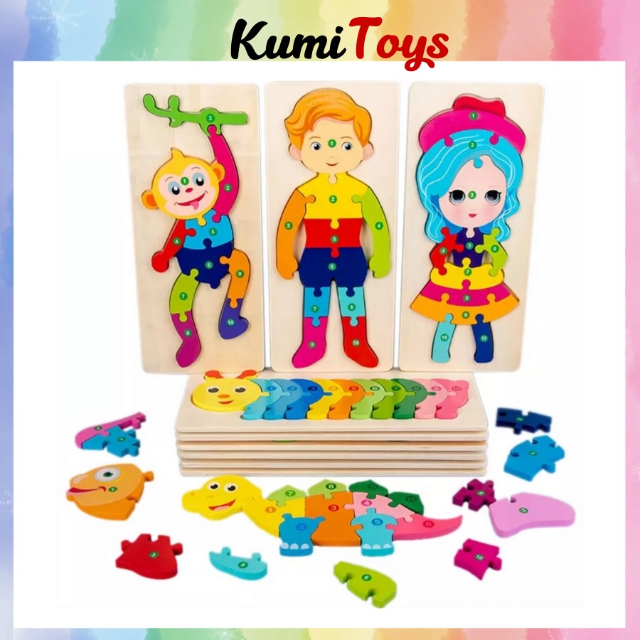 Đồ chơi tranh ghép gỗ nổi nối 10 số loại đẹp miếng ghép to bản giúp bé học số Kumi toys