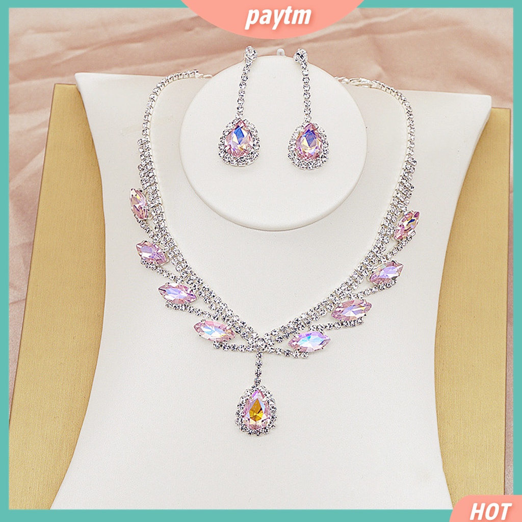 1 Bộ Vòng cổ + Bông Tai Mạ Điện Hình Giọt Nước Đính Đá Lấp Lánh Cho Cô Dâu