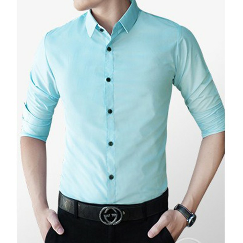 Áo sơ mi nam dáng ôm, vải lụa cotton, phong cách Hàn Quốc