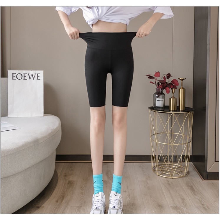 Quần legging lửng nữ nâng mông cạp cao dài đến đùi dáng ngố tập thể thao màu đen cao cấp M03