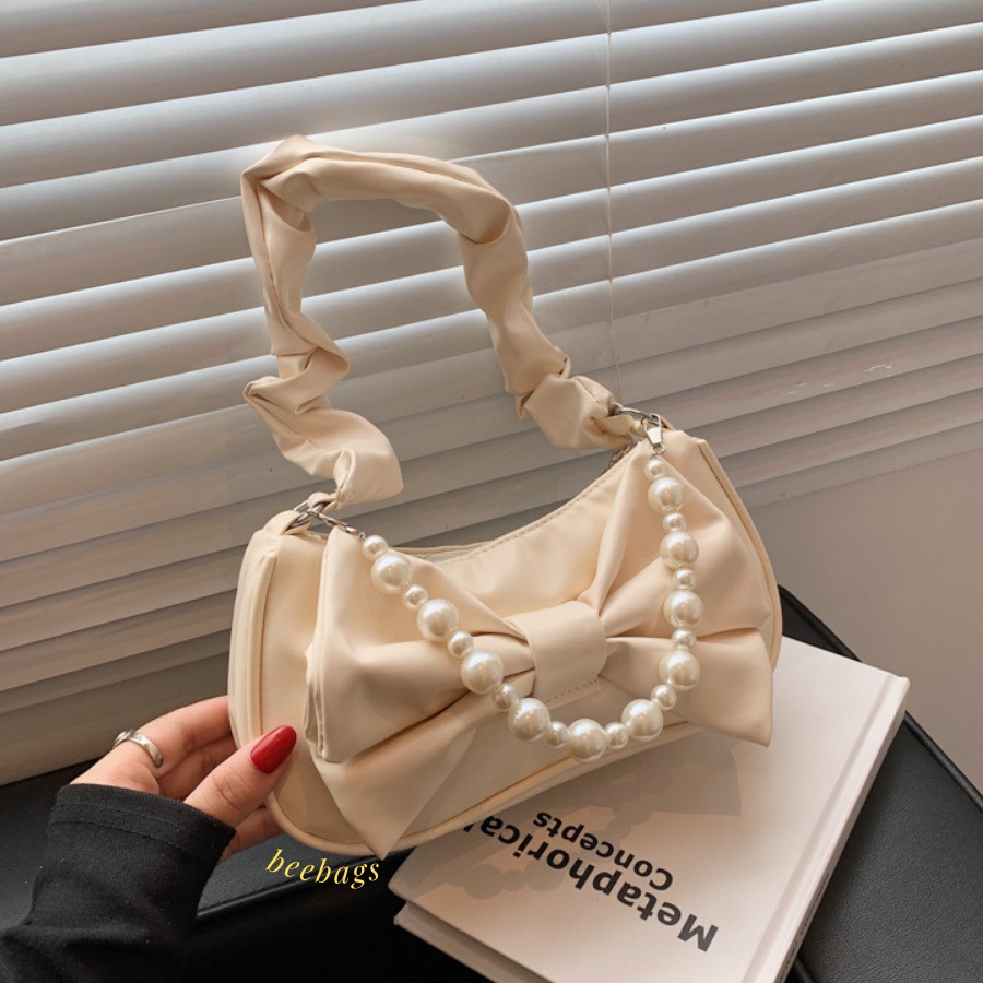 Túi Da Nữ Phối Nơ Tiểu Thư Xinh Xắn Phối Ngọc Đeo Vai Màu Trắng, Đen | TX12 | Túi Đeo Vai Nữ Đi Chơi Đi Tiệc Dễ Phối Đồ