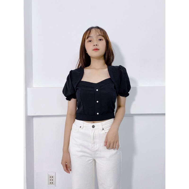 Áo kiểu nữ dáng croptop cổ vuông chất đũi đẹp