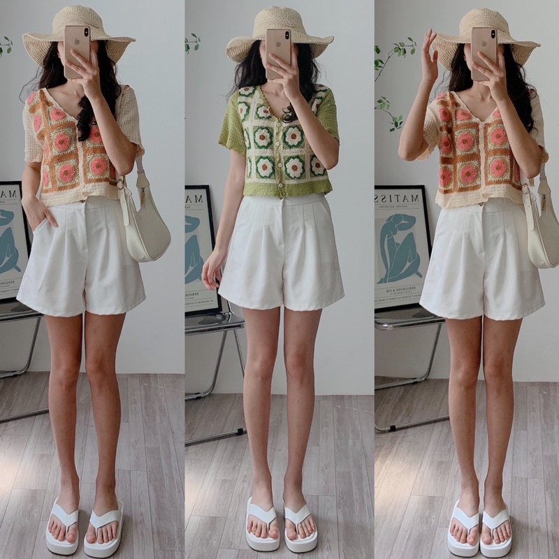 [Ảnh thật/Videp]Áo len pha tay hoa thêu Sunday  mã hai màu hồng xanh Áo mongtogi hàng Quảng Châu