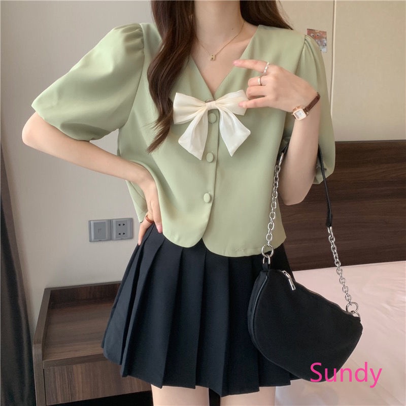 Áo Sơ Mi Voan Tay Bồng Thắt Nơ Xinh Xắn Phong Cách Pháp Cho Bạn Gái