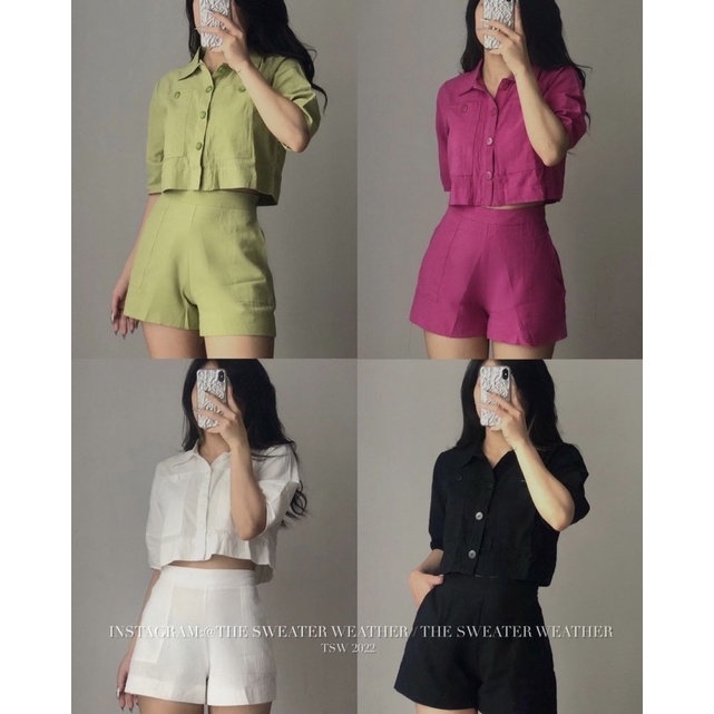Set áo sơ mi dáng croptop thô đũi linen kèm quần short cạp cao