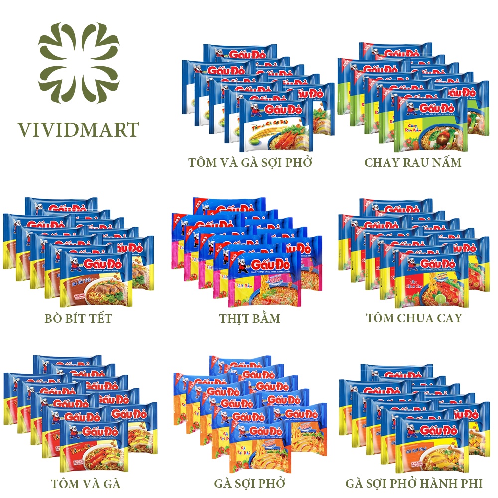 10gói- MÌ GẤU ĐỎ 8 VỊ: GÀ SỢI PHỞ, TÔM VÀ GÀ, BÒ BÍT TẾT, THỊT BẰM, TÔM CHUA CAY, SỢI PHỞ HÀNH PHI, CHAY –GÓI63G– GẤU ĐỎ