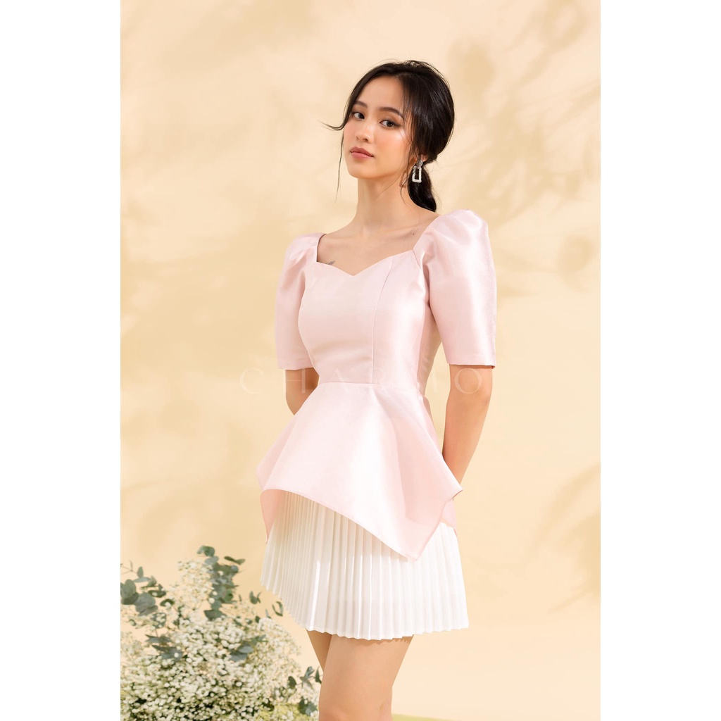 Áo kiểu CHARMO tà xéo chất phi nhám màu hồng pastel xinh xắn trong trẻo Mery Top