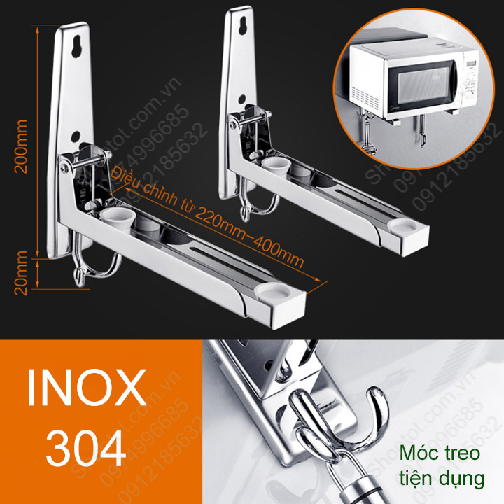 Giá để lò vi sóng treo tường thông minh inox 304, có móc treo, có thể gấp gọn