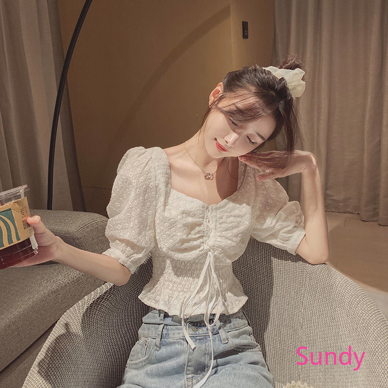 Áo Croptop Tay Phồng Cổ Chữ V Thời Trang Mùa Hè Cho Nữ