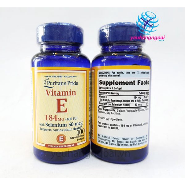 Vitamin E thiên nhiên 400 IU with Selenium 50mcg 100 viên của Puritan’s Pride Mỹ (ĐẢM BẢO CHÍNH HÃNG MỸ 100%).